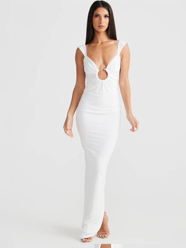 Bodycon Dresses- Figure-Hugging Party Maxi Dress with Circle Ring- - IndioGear.com