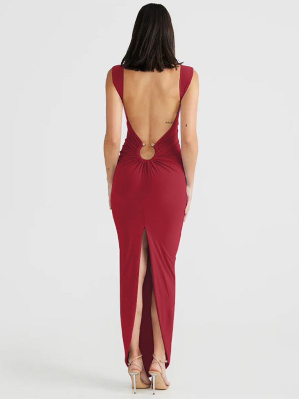 Bodycon Dresses- Figure-Hugging Party Maxi Dress with Circle Ring- - IndioGear.com