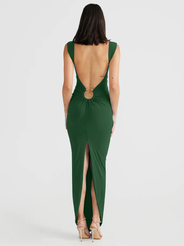 Bodycon Dresses- Figure-Hugging Party Maxi Dress with Circle Ring- - IndioGear.com