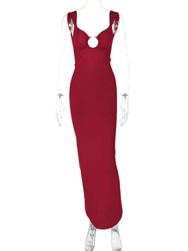 Bodycon Dresses- Figure-Hugging Party Maxi Dress with Circle Ring- - IndioGear.com