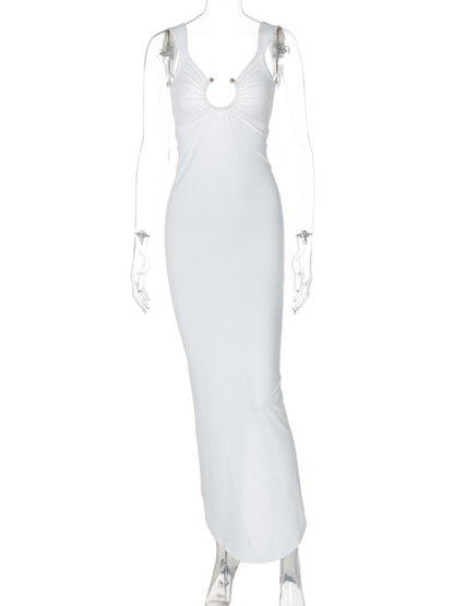 Bodycon Dresses- Figure-Hugging Party Maxi Dress with Circle Ring- - IndioGear.com