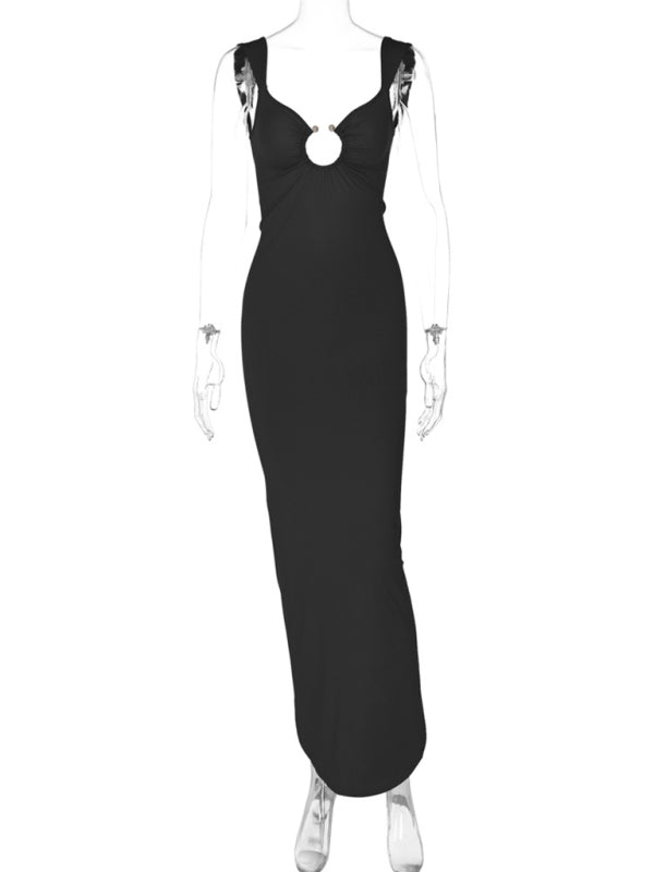 Bodycon Dresses- Figure-Hugging Party Maxi Dress with Circle Ring- - IndioGear.com