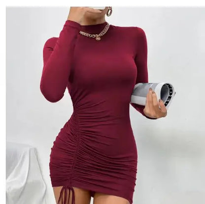 Bodycon Dresses- High-Neck Long Sleeves Bodycon Ruched Mini Dress- Claret- IndioGear.com