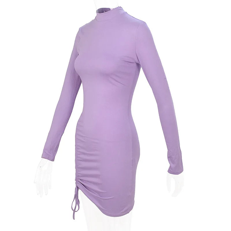 Bodycon Dresses- High-Neck Long Sleeves Bodycon Ruched Mini Dress- - IndioGear.com