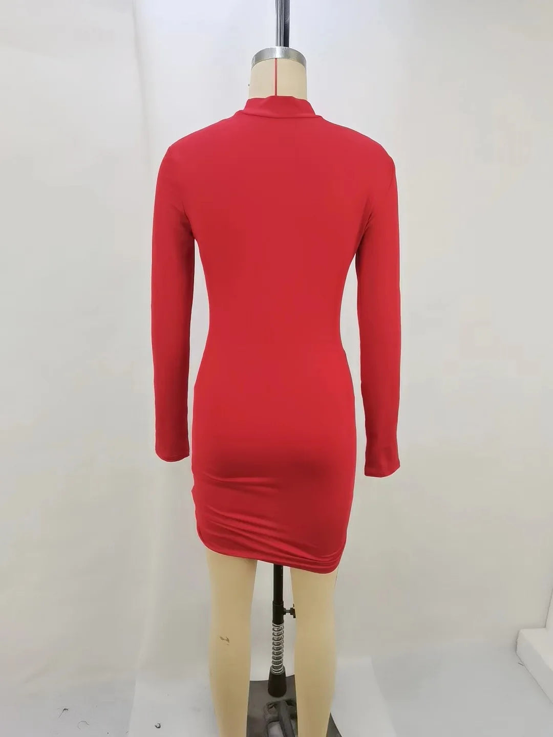 Bodycon Dresses- High-Neck Long Sleeves Bodycon Ruched Mini Dress- - IndioGear.com