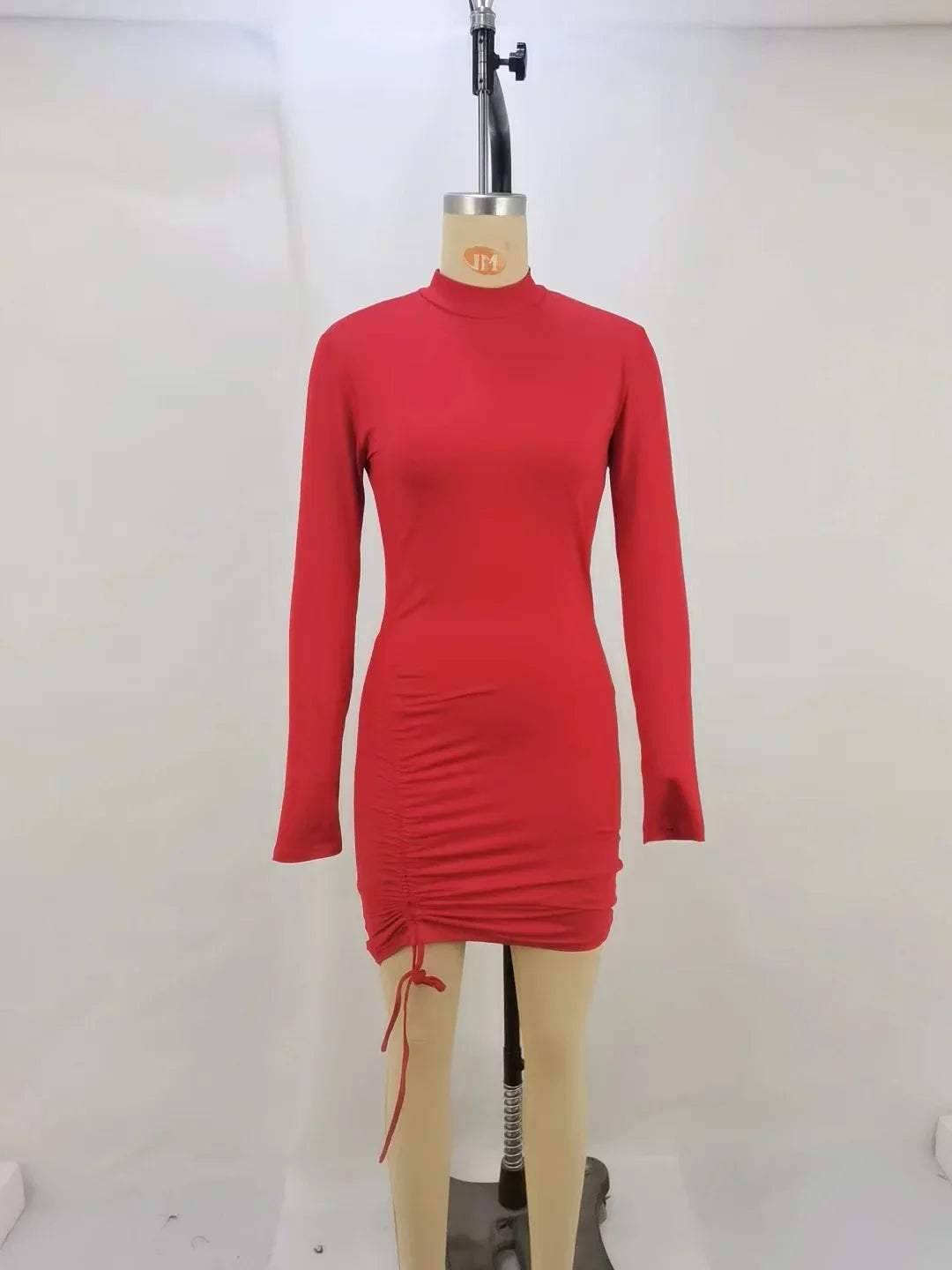 Bodycon Dresses- High-Neck Long Sleeves Bodycon Ruched Mini Dress- Red- IndioGear.com