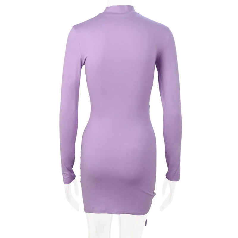 Bodycon Dresses- High-Neck Long Sleeves Bodycon Ruched Mini Dress- - IndioGear.com