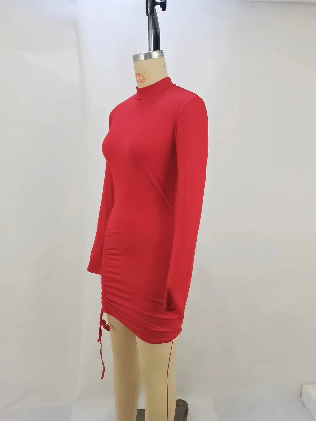 Bodycon Dresses- High-Neck Long Sleeves Bodycon Ruched Mini Dress- - IndioGear.com