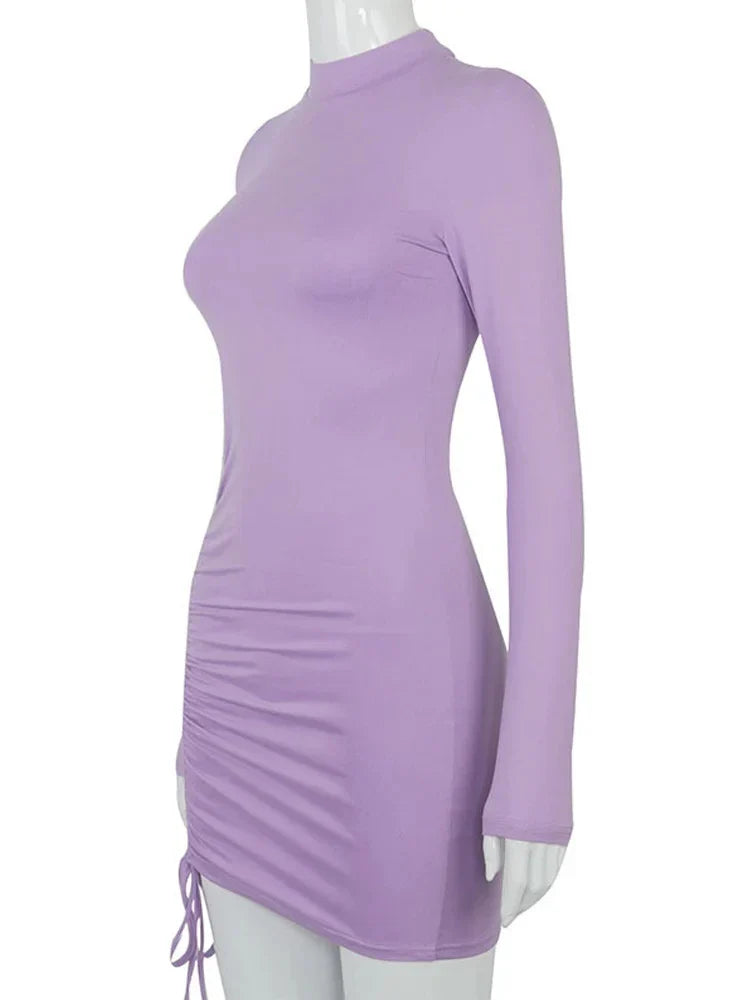 Bodycon Dresses- High-Neck Long Sleeves Bodycon Ruched Mini Dress- - IndioGear.com