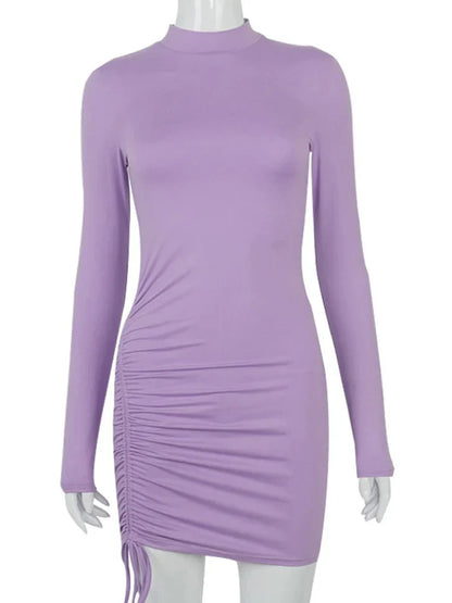 Bodycon Dresses- High-Neck Long Sleeves Bodycon Ruched Mini Dress- - IndioGear.com