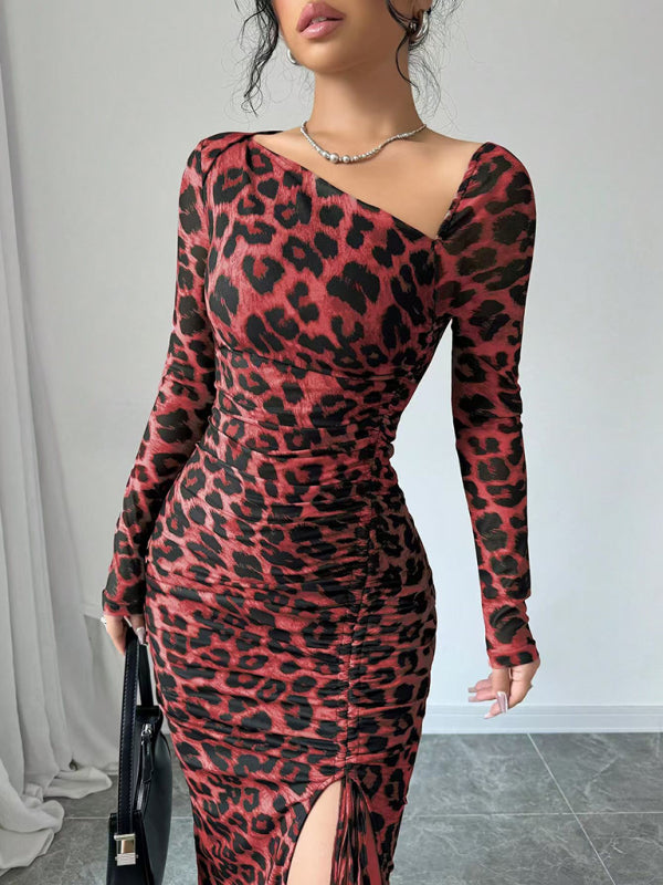 Bodycon Dresses- Leopard Animal Print Asymmetrical Midi Dress- Red- IndioGear Women Clothing