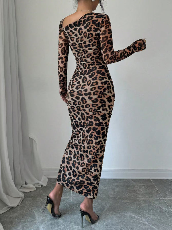 Bodycon Dresses- Leopard Animal Print Asymmetrical Midi Dress- - IndioGear Women Clothing