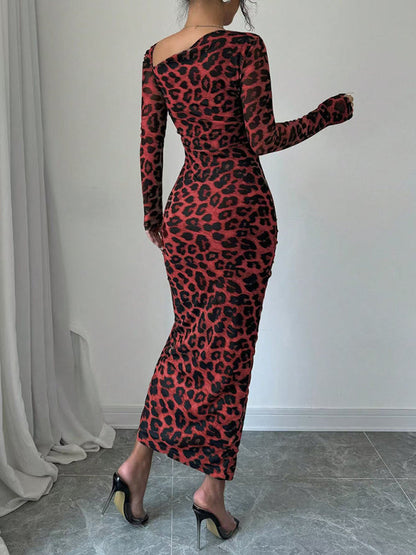 Bodycon Dresses- Leopard Animal Print Asymmetrical Midi Dress- - IndioGear Women Clothing