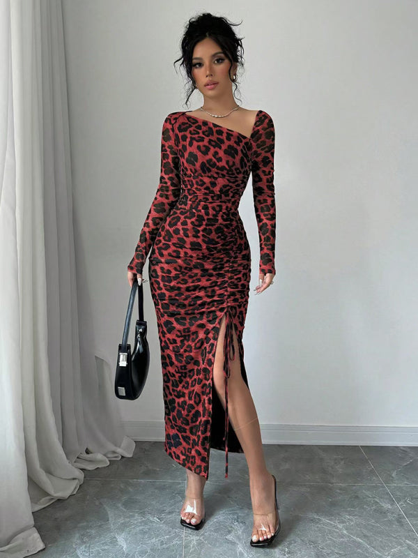 Bodycon Dresses- Leopard Animal Print Asymmetrical Midi Dress- - IndioGear Women Clothing