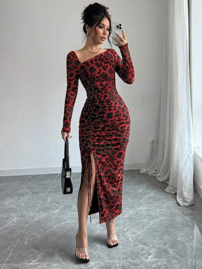 Bodycon Dresses- Leopard Animal Print Asymmetrical Midi Dress- - IndioGear Women Clothing