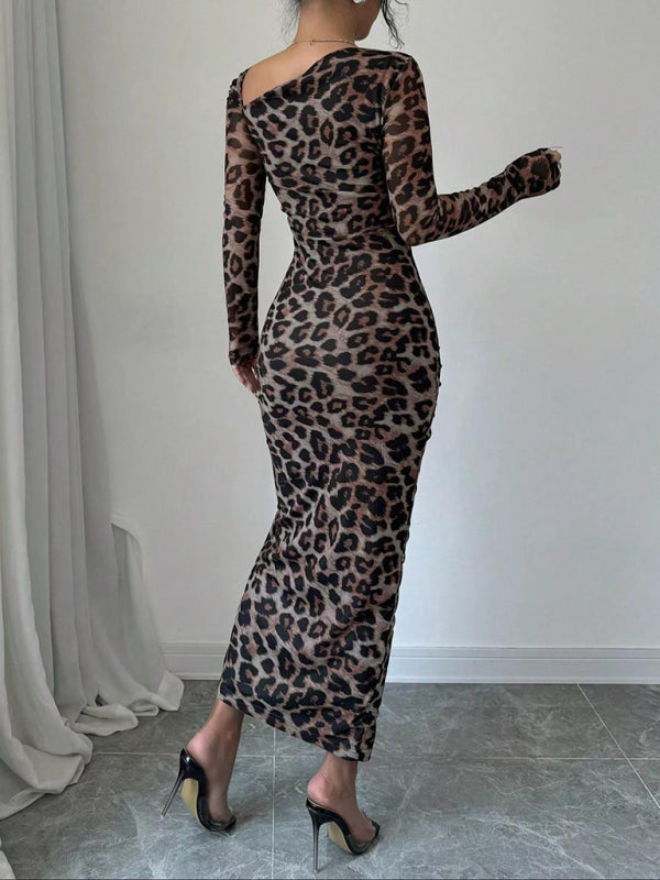 Bodycon Dresses- Leopard Animal Print Asymmetrical Midi Dress- - IndioGear Women Clothing