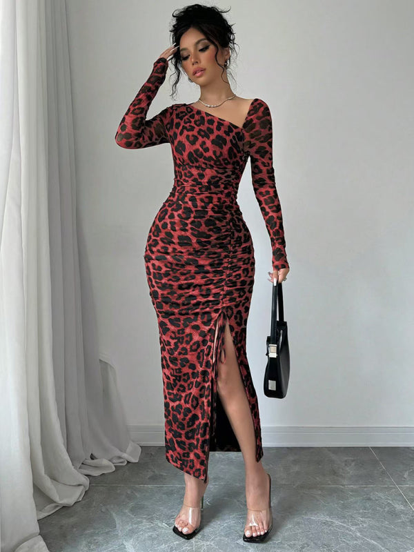 Bodycon Dresses- Leopard Animal Print Asymmetrical Midi Dress- - IndioGear Women Clothing