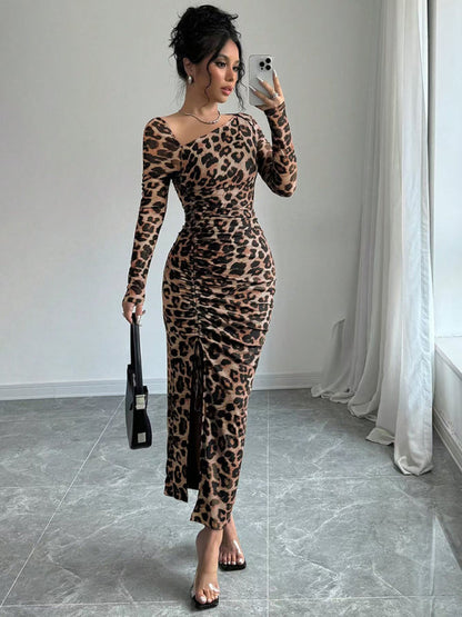 Bodycon Dresses- Leopard Animal Print Asymmetrical Midi Dress- - IndioGear Women Clothing