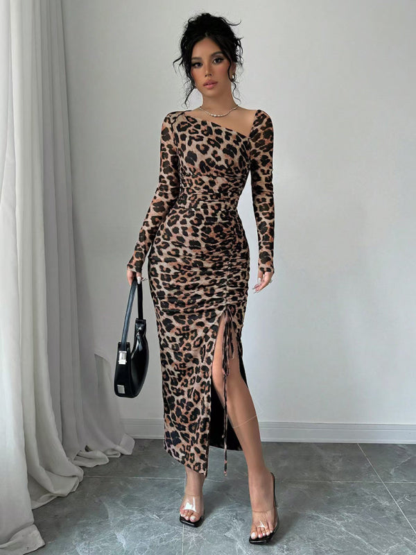 Bodycon Dresses- Leopard Animal Print Asymmetrical Midi Dress- - IndioGear Women Clothing