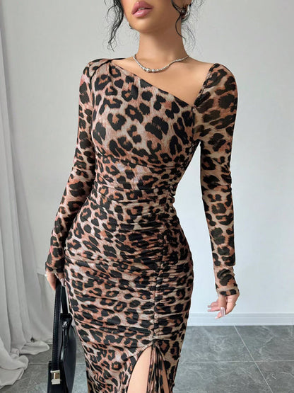 Bodycon Dresses- Leopard Animal Print Asymmetrical Midi Dress- Khaki- IndioGear Women Clothing