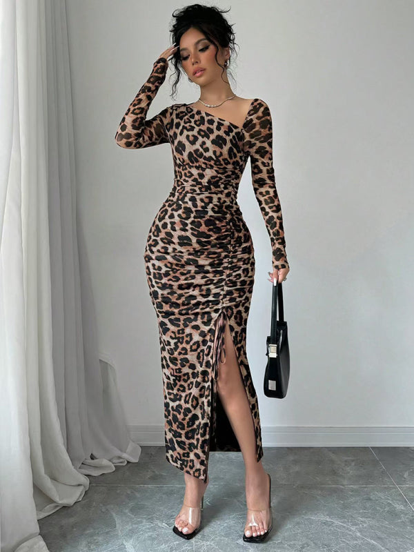 Bodycon Dresses- Leopard Animal Print Asymmetrical Midi Dress- - IndioGear Women Clothing