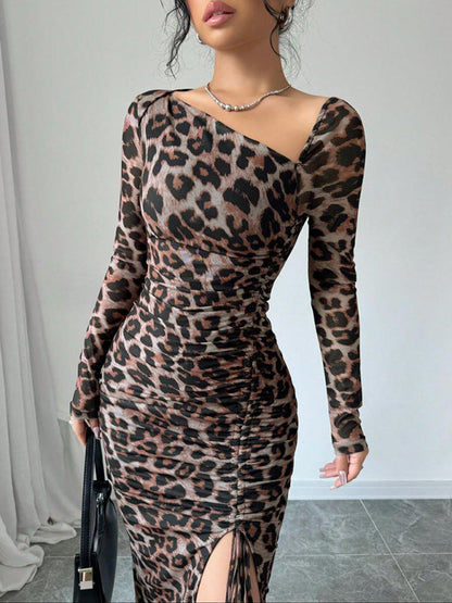 Bodycon Dresses- Leopard Animal Print Asymmetrical Midi Dress- Leopard- IndioGear Women Clothing