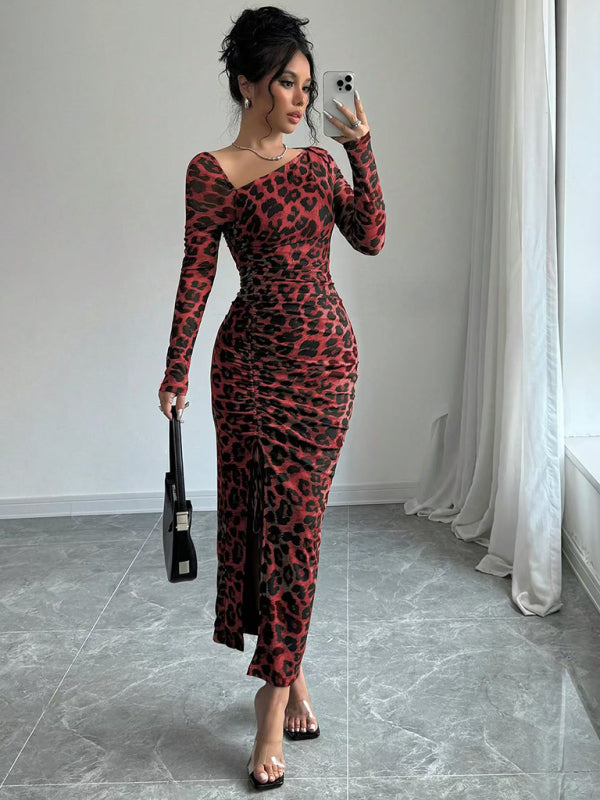 Bodycon Dresses- Leopard Animal Print Asymmetrical Midi Dress- - IndioGear Women Clothing