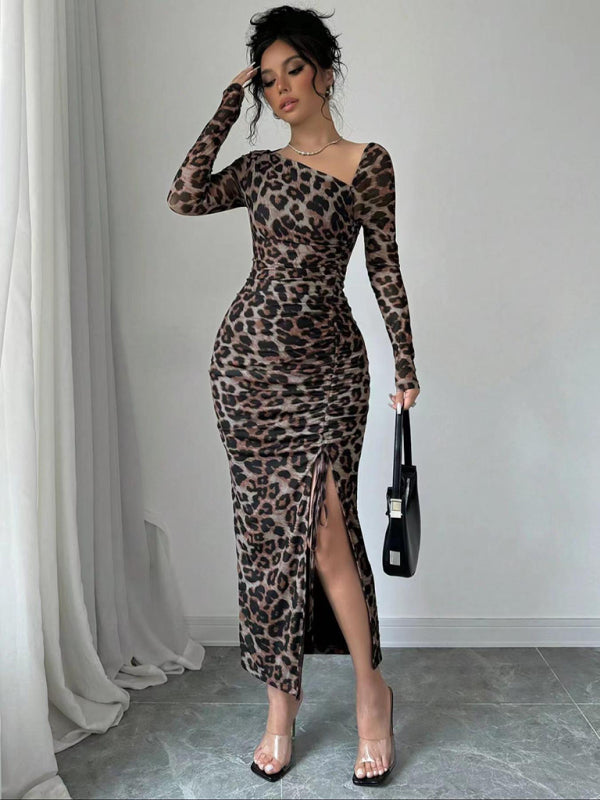 Bodycon Dresses- Leopard Animal Print Asymmetrical Midi Dress- - IndioGear Women Clothing