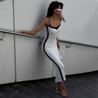 Bodycon Dresses- White V-Neck Dress with Side Stripe - Perfect for Casual Dates- - IndioGear.com