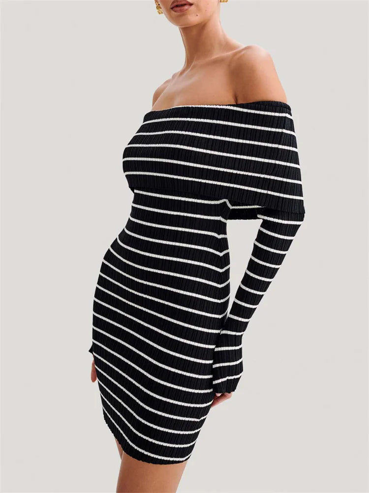 Bodycon Dresses- Women's Folded Shoulders Dress in Stripe Knitting- Black- IndioGear.com