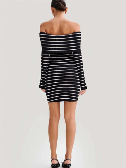 Bodycon Dresses- Women's Folded Shoulders Dress in Stripe Knitting- - IndioGear.com