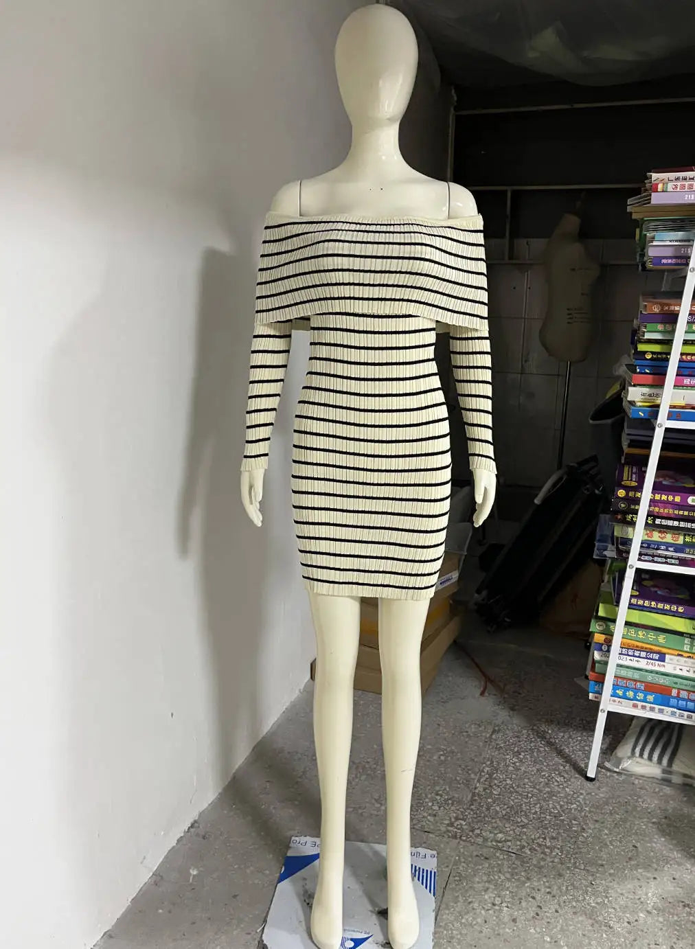 Bodycon Dresses- Women's Folded Shoulders Dress in Stripe Knitting- - IndioGear.com