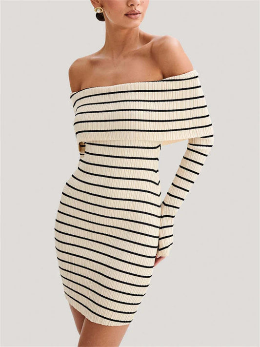 Bodycon Dresses- Women's Folded Shoulders Dress in Stripe Knitting- Beige- IndioGear.com