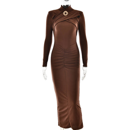 Bodycon Midi Dresses- Elegant Long Sleeve Midi Dress - Ruched Waist + Gold Brooch Detail for Evening Wear- Brown- IndioGear Women Clothing