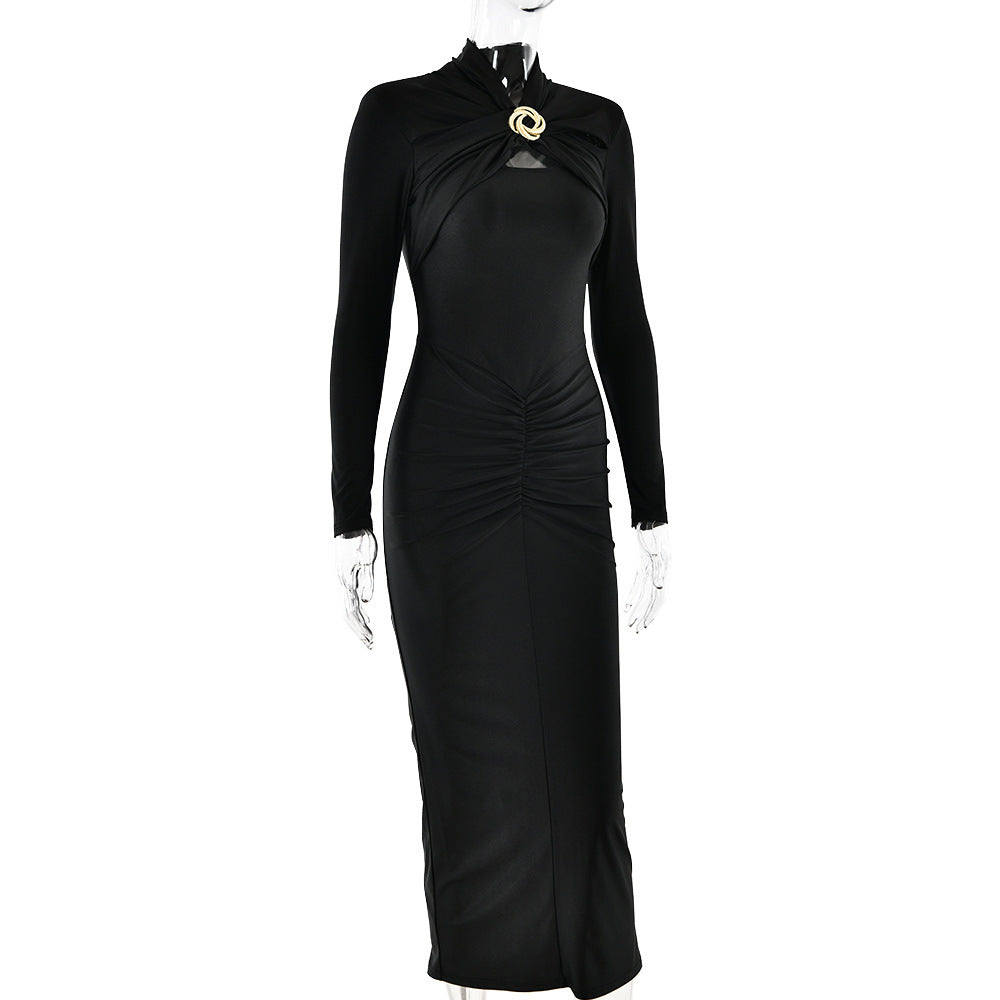 Bodycon Midi Dresses- Elegant Long Sleeve Midi Dress - Ruched Waist + Gold Brooch Detail for Evening Wear- Black- IndioGear Women Clothing