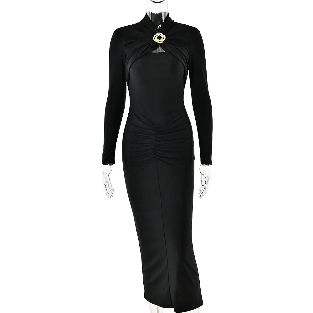 Bodycon Midi Dresses- Elegant Long Sleeve Midi Dress - Ruched Waist + Gold Brooch Detail for Evening Wear- - IndioGear Women Clothing