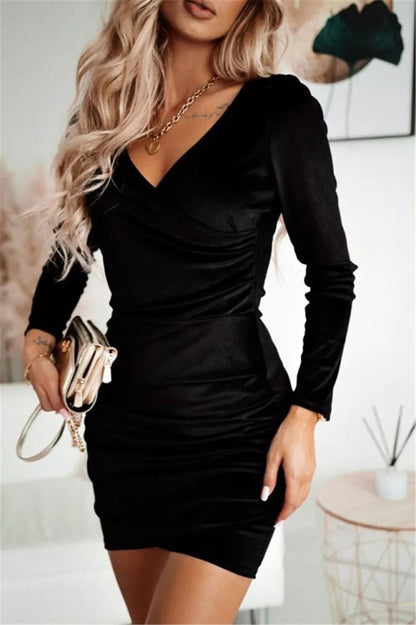 Bodycon Mini Dresses- Autumn V-Neck Mini Dress - Perfect for Parties & Dates!- Black- IndioGear.com