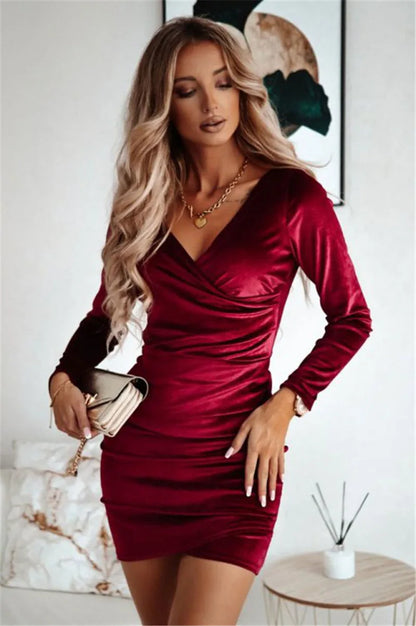 Bodycon Mini Dresses- Autumn V-Neck Mini Dress - Perfect for Parties & Dates!- - IndioGear.com