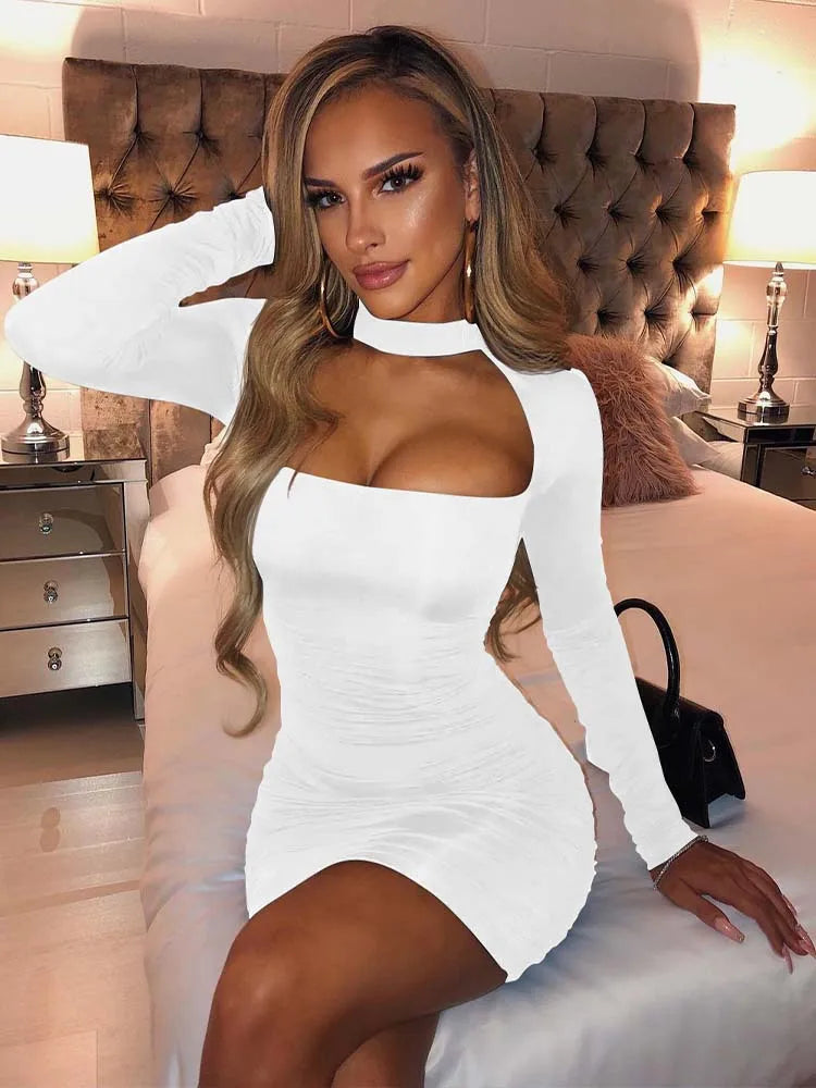 Bodycon Mini Dresses- Choker Ruched Bodycon Long Sleeve Dress for Night Out- - IndioGear.com