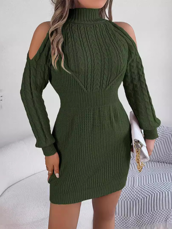 Bodycon Mini Dresses- Cold-shoulder Turtleneck Cables & Ribs Knit Mini Dress- - IndioGear.com