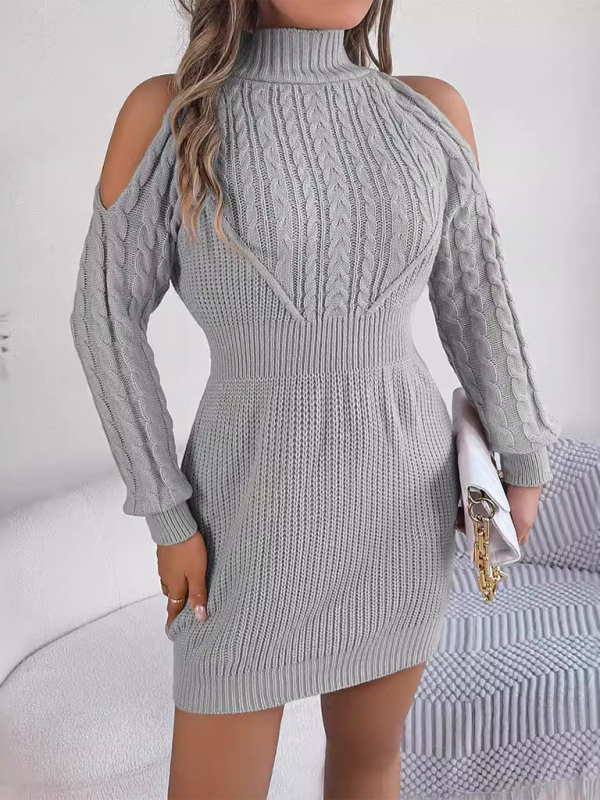 Bodycon Mini Dresses- Cold-shoulder Turtleneck Cables & Ribs Knit Mini Dress- - IndioGear.com