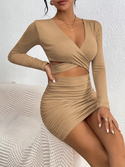 Bodycon Mini Dresses- CrissCross Cut Out V-neck Nightclub Ready Ruched Mini Dress- - IndioGear Women Clothing