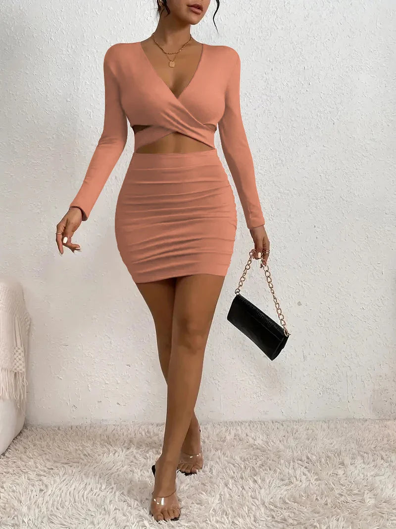 Bodycon Mini Dresses- CrissCross Cut Out V-neck Nightclub Ready Ruched Mini Dress- - IndioGear Women Clothing