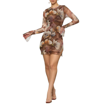 Bodycon Mini Dresses- Floral Mesh Bodycon Mini Dress for Evening Events-for Clubbing- - IndioGear Women Clothing