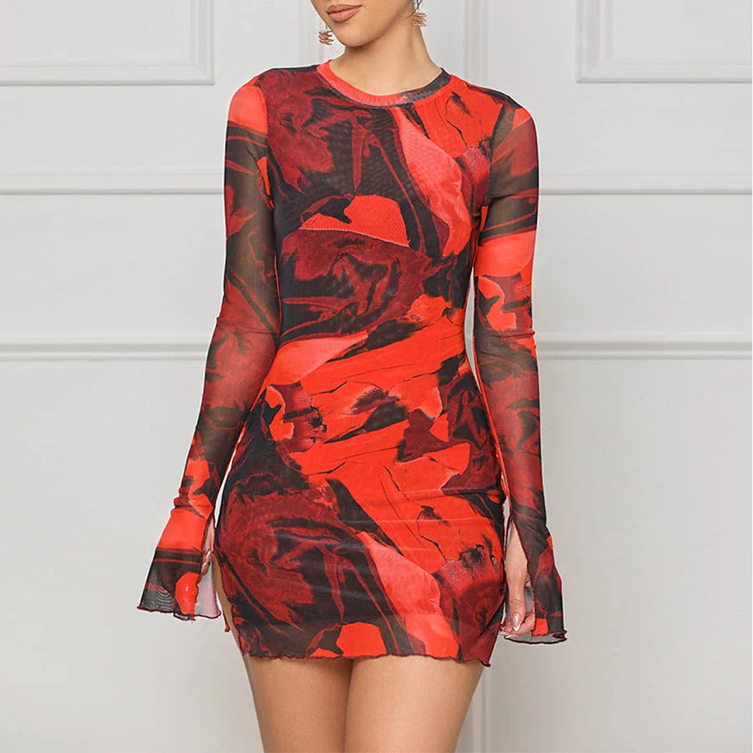 Bodycon Mini Dresses- Floral Mesh Bodycon Mini Dress for Evening Events-for Clubbing- Red- IndioGear Women Clothing