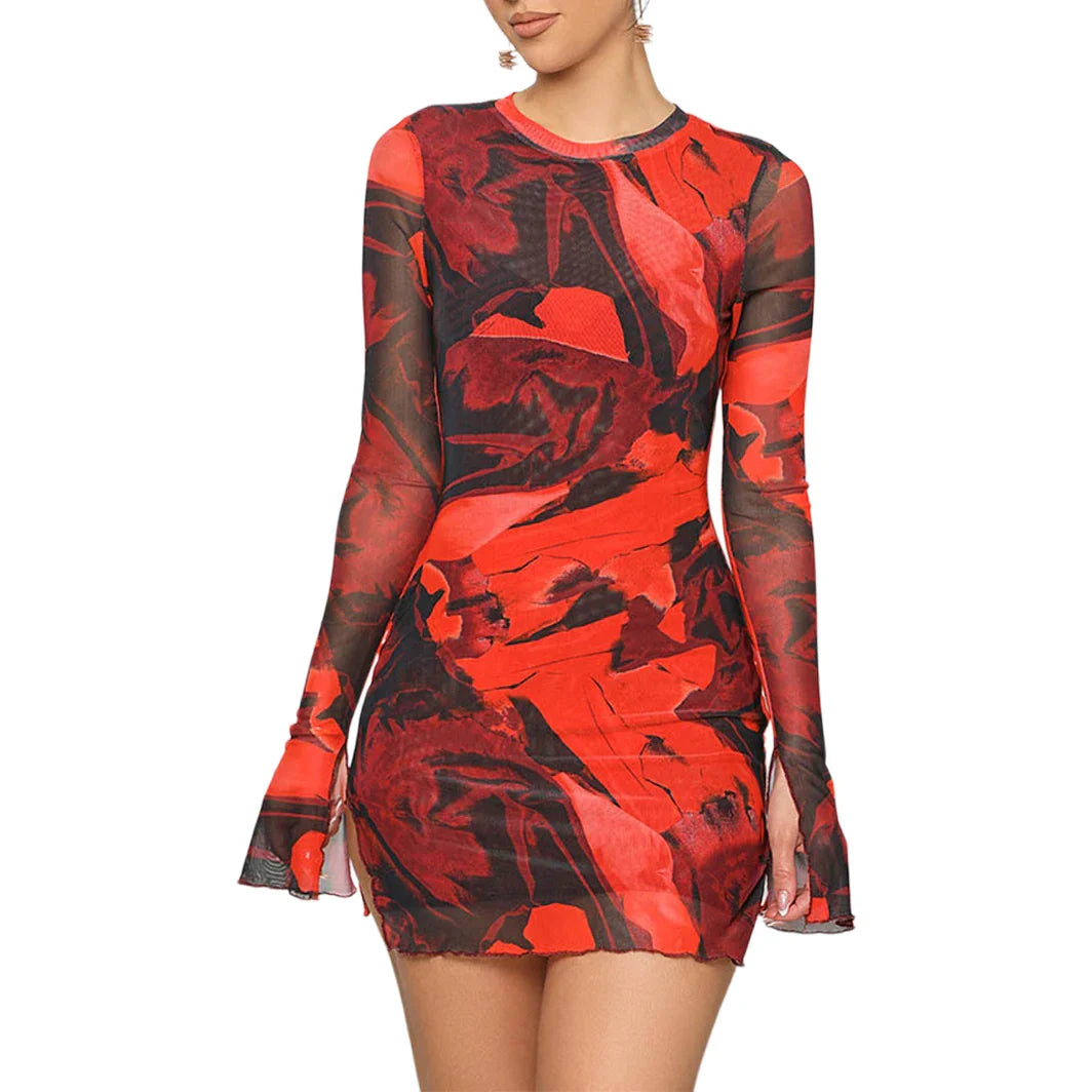 Bodycon Mini Dresses- Floral Mesh Bodycon Mini Dress for Evening Events-for Clubbing- - IndioGear Women Clothing