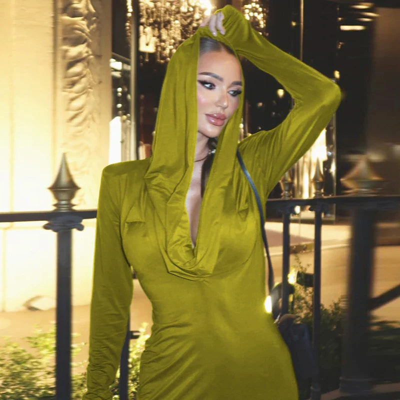 Bodycon Mini Dresses- Hooded Bodycon Mini Dress with Padded Shoulders- - IndioGear.com