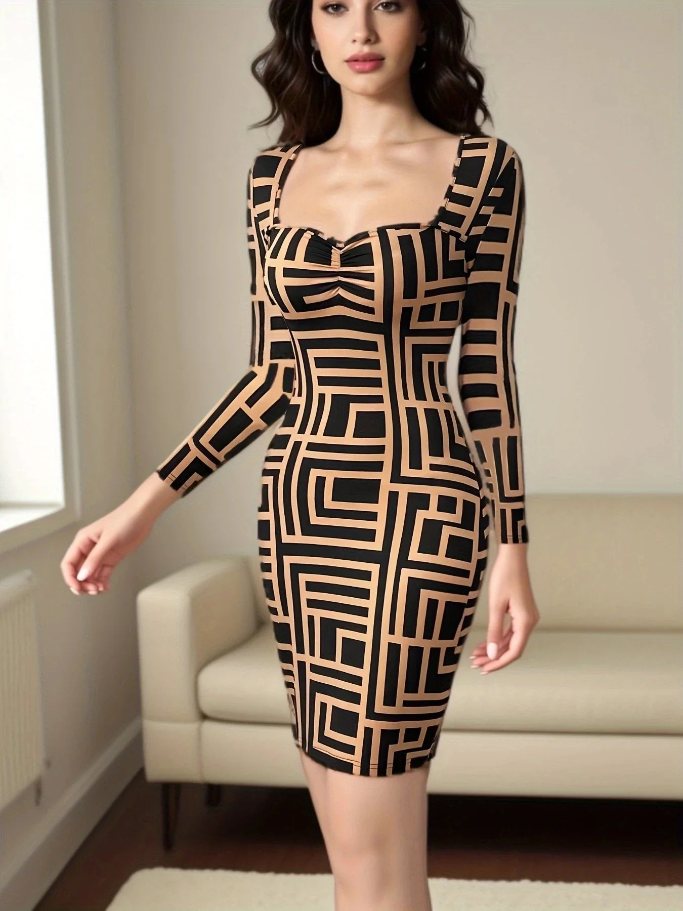 Bodycon Mini Dresses- Long-Sleeve Geometric Print Bodycon Mini Dress - For Hourglass Figures- - IndioGear Women Clothing