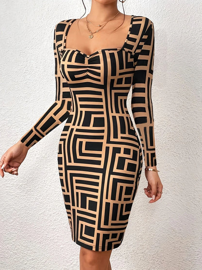 Bodycon Mini Dresses- Long-Sleeve Geometric Print Bodycon Mini Dress - For Hourglass Figures- - IndioGear Women Clothing