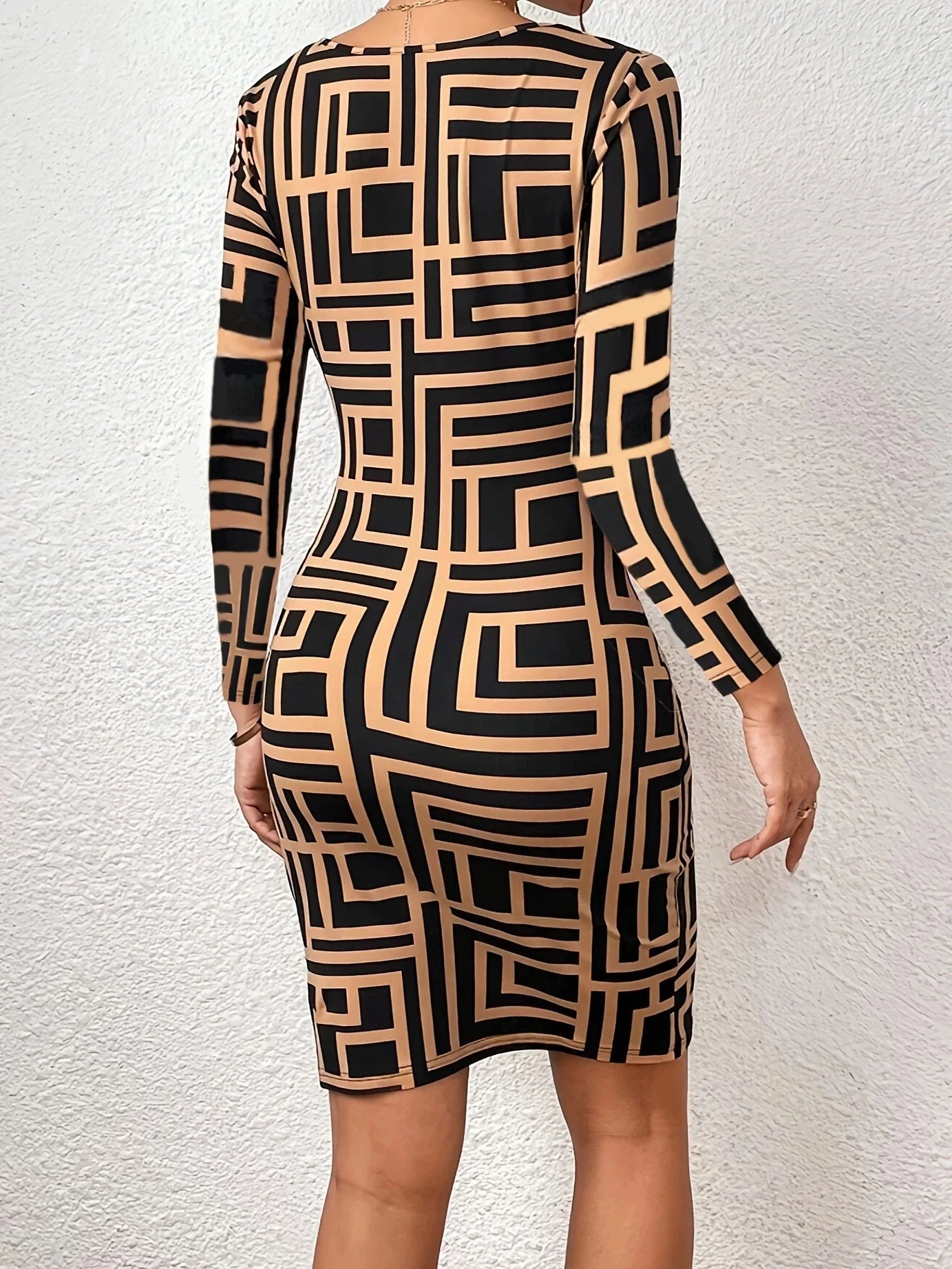 Bodycon Mini Dresses- Long-Sleeve Geometric Print Bodycon Mini Dress - For Hourglass Figures- - IndioGear Women Clothing